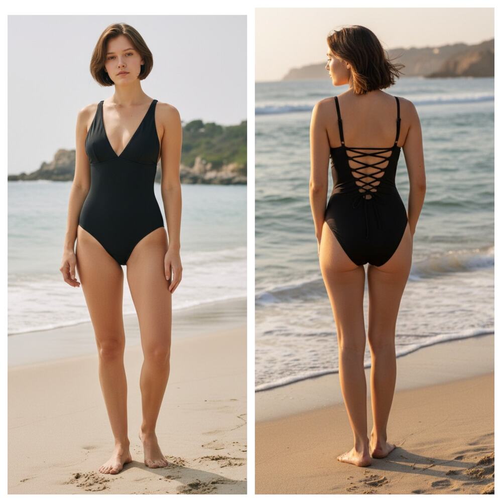 TA3 Black Plungey One Piece Swimsuit Large Short Lace Up Back NWT
